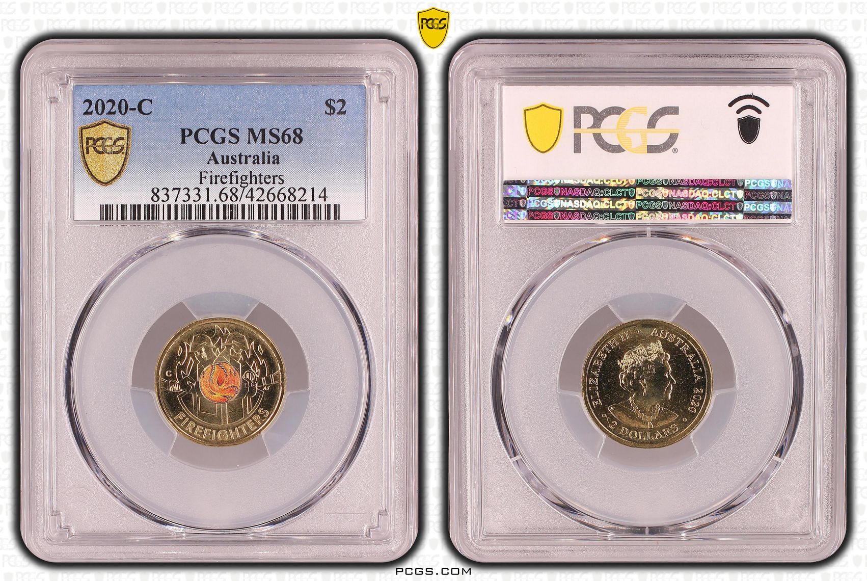 2020 $2 "C" Mintmark Coloured Firefighters PCGS Graded Coin MS68